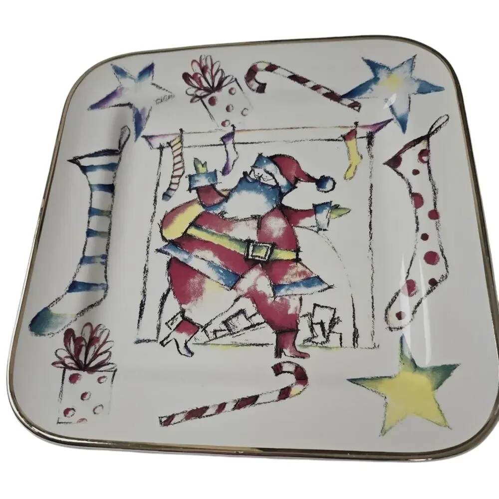 Rosanna Santa Magic Italy Square Christmas Plate Christmas Vintage Gold Rim